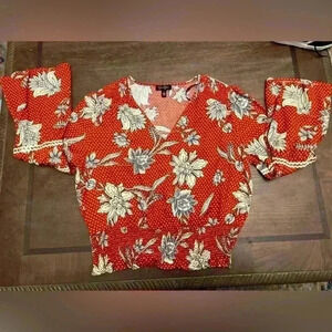 Jessica Simpson Tops | Floral Print Blouse | Color: Cream/Red | Size: L